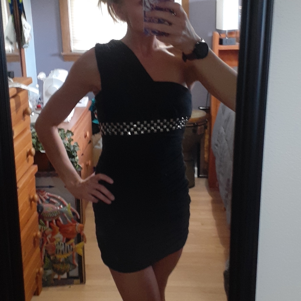 Womens one shoulder black dress